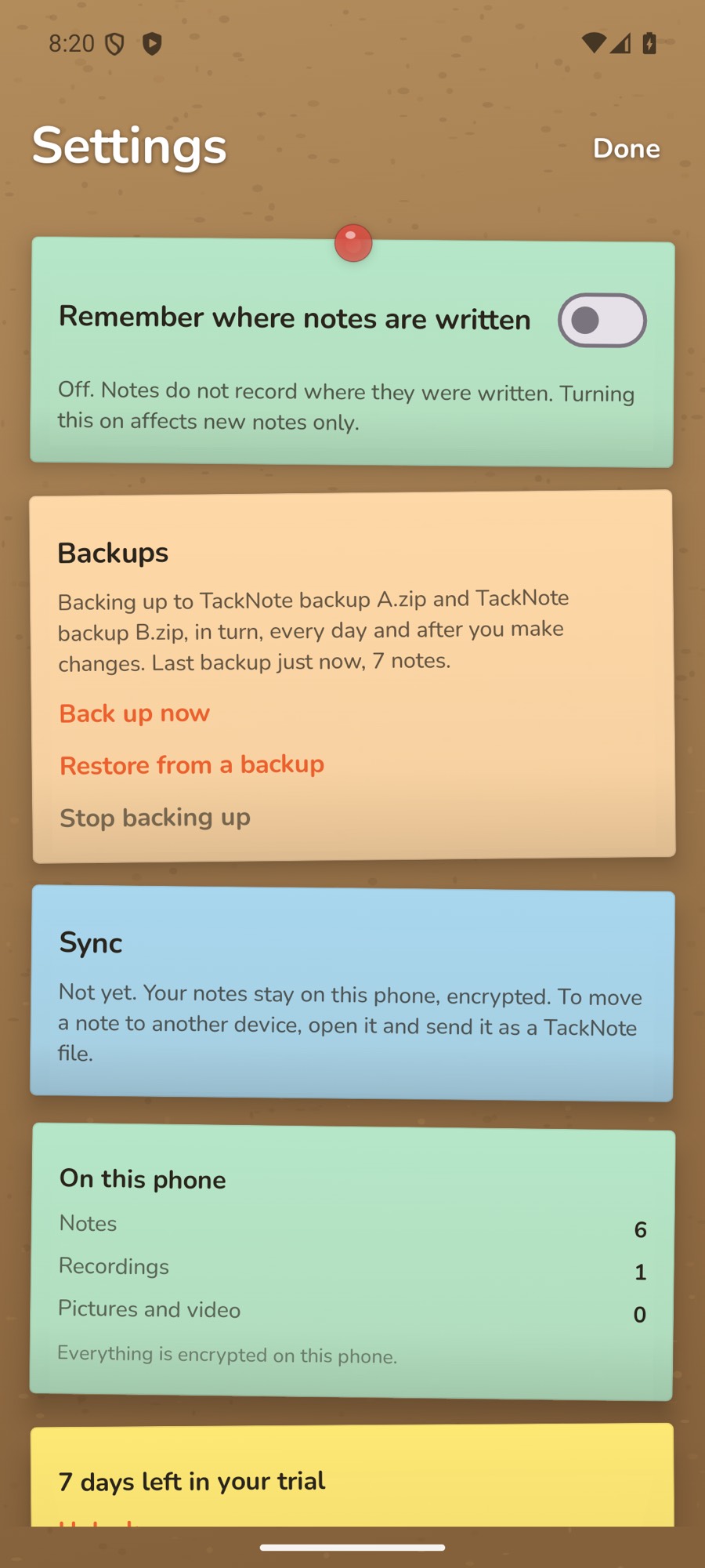 TackNote Settings on Android with Backups on, backing up to TackNote backup A and B in turn, with Back up now, Restore from a backup and Stop backing up