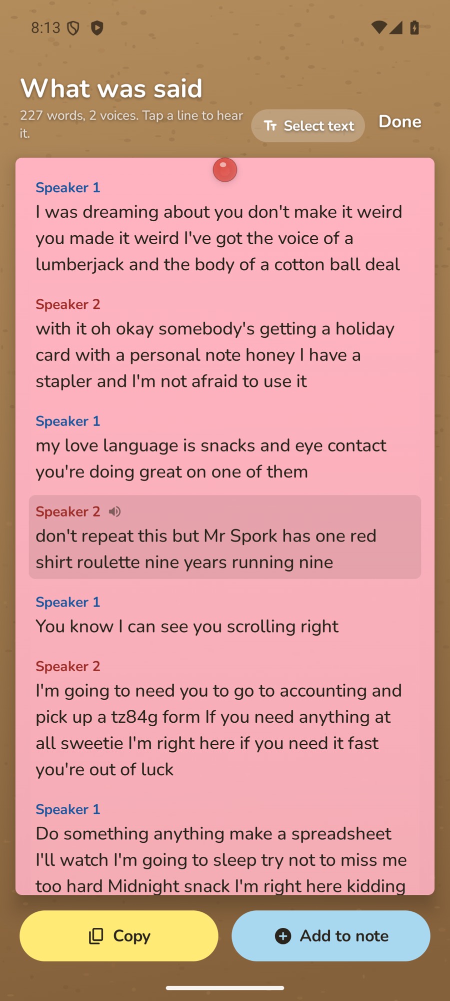 A transcript on Android shown as lines with speaker names, with the line being played highlighted