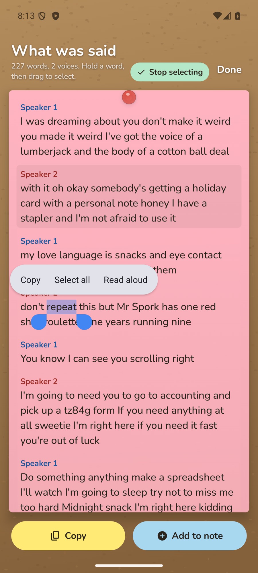 Selecting words in a transcript on Android, with Copy and Select all above the selection and Stop selecting at the top