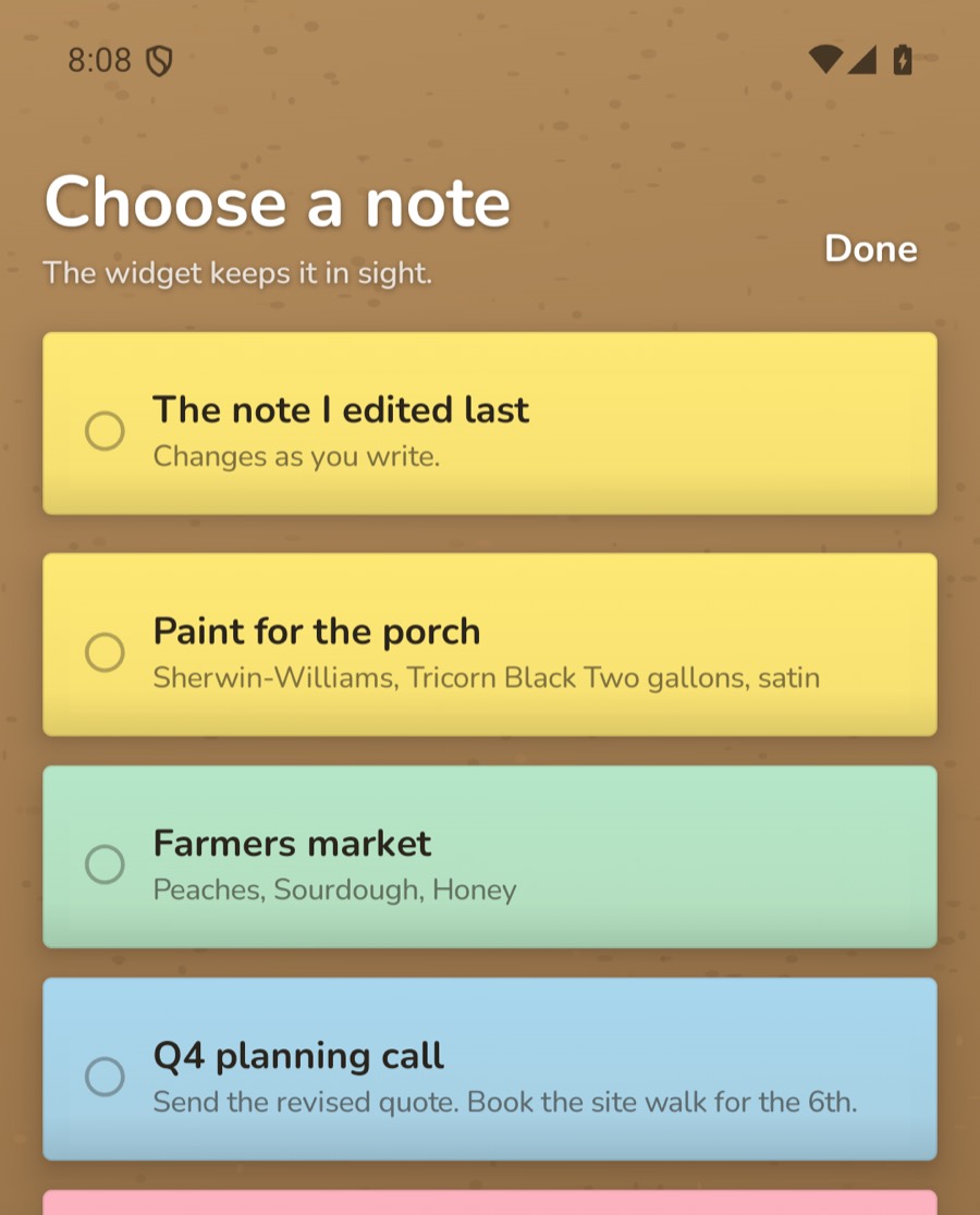 The Choose a note screen on Android, listing notes to show in the widget, with The note I edited last at the top