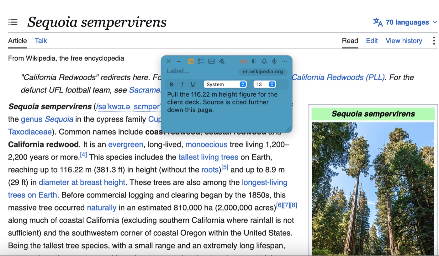 A TackNote note floating over a Wikipedia article in Safari. The note reads 'Pull the 116.22 m height figure for the client deck' and carries a pill labelled en.wikipedia.org showing which page it is tied to.
