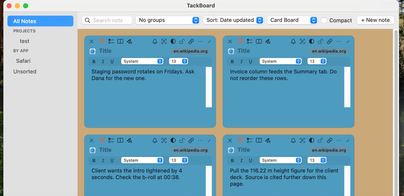 The TackBoard window showing four note cards side by side, each tagged with the page it belongs to, plus a sidebar listing Projects and notes grouped by app.