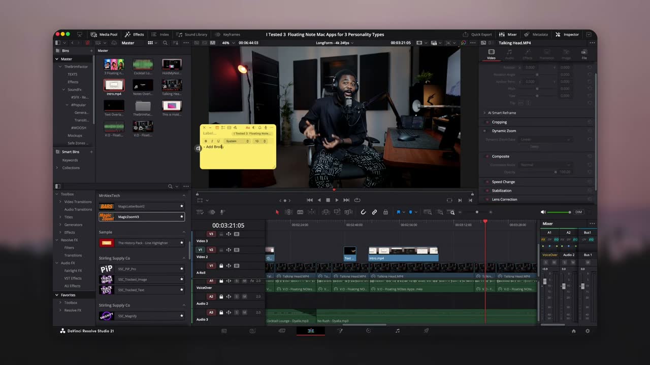 TheBrimFactor reviewing TackNote, with a note tacked to DaVinci Resolve