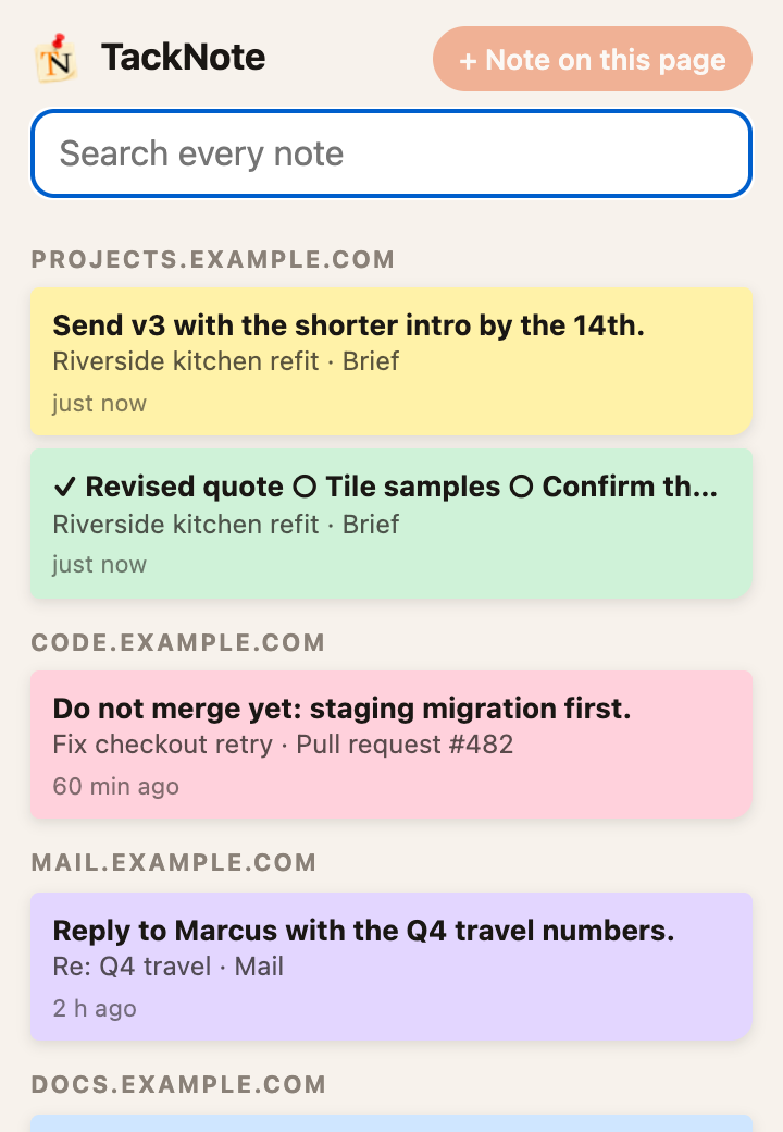 The TackNote Lite board: a search box and notes grouped by site.