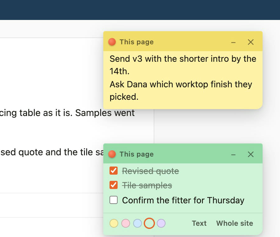 Two notes on a project page: a yellow text note and a green checklist with two items ticked off.