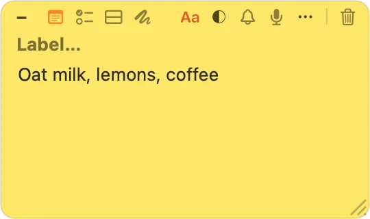 A note's toolbar in 1.3.2, with minimize at the left and a trash button alone at the far right behind a divider.