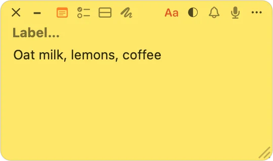 A note's toolbar in 1.3.1, with a small X at the top left beside the minimize button.