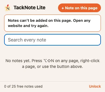 The TackNote Lite board on the Chrome Web Store, saying notes can't be added on this page and to open any website and try again.