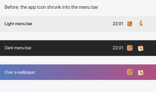 The old menu bar icons: the full colour app icon and corkboard, looking identical on a light menu bar, a dark menu bar and over a wallpaper.