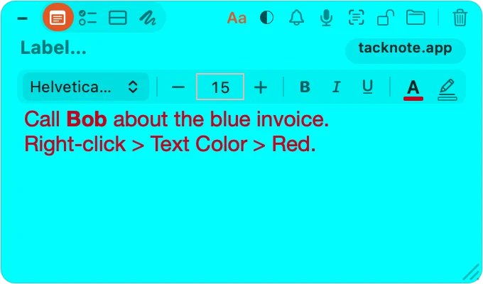 A note whose text has turned red after choosing Red, with the formatting bar above it showing font, size, bold, italic, underline, text color and highlight.