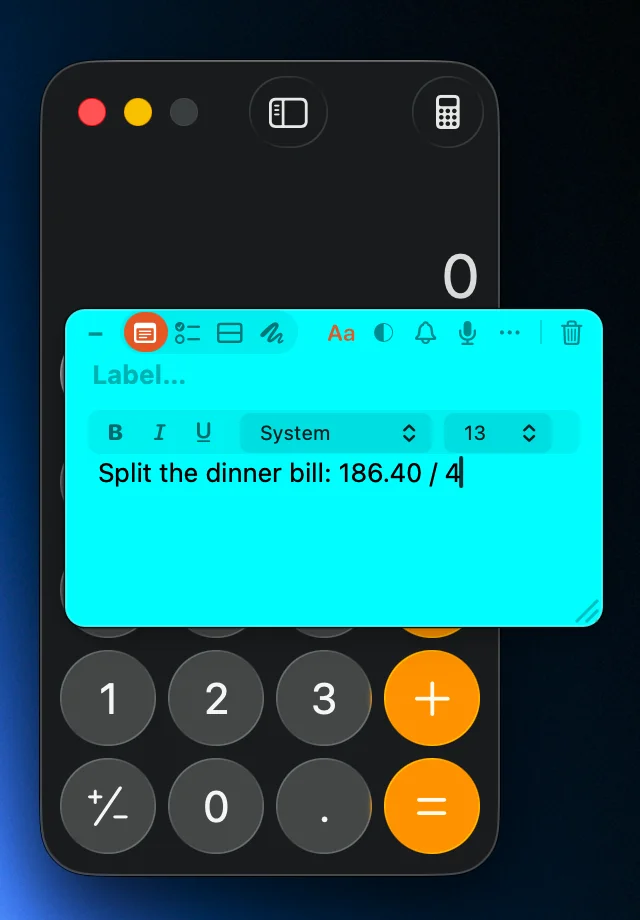 A Calculator window whose note has stepped aside, with nothing showing that a note is waiting there.
