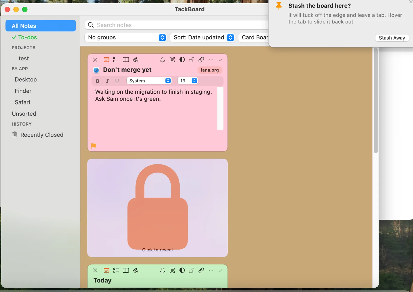 The TackBoard window showing note cards, including a private note locked behind a padlock
