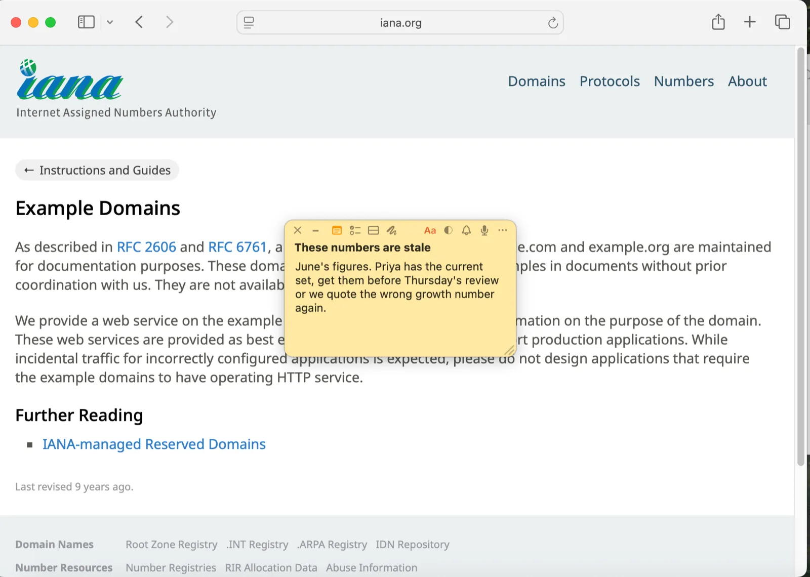 A yellow note reading These numbers are stale pinned to a documentation page in Safari