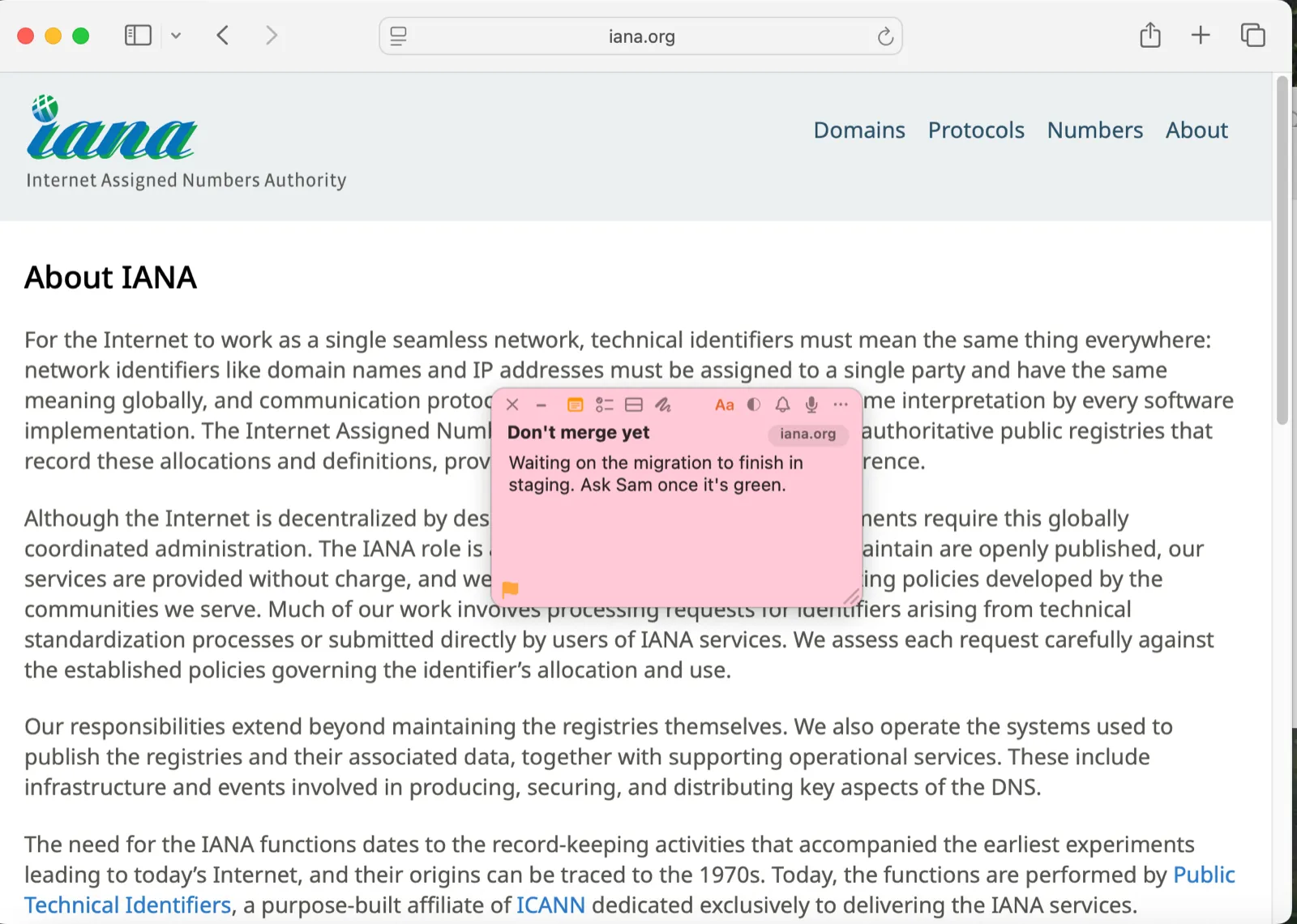 A pink note reading Don't merge yet on a different page of the same site