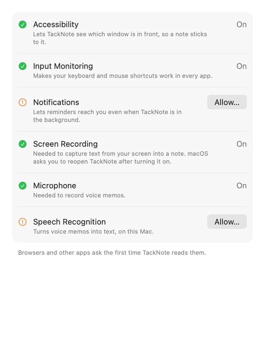 The Permissions tab in TackNote Settings, listing Accessibility, Input Monitoring, Notifications, Screen Recording, Microphone and Speech Recognition, each with its current state.