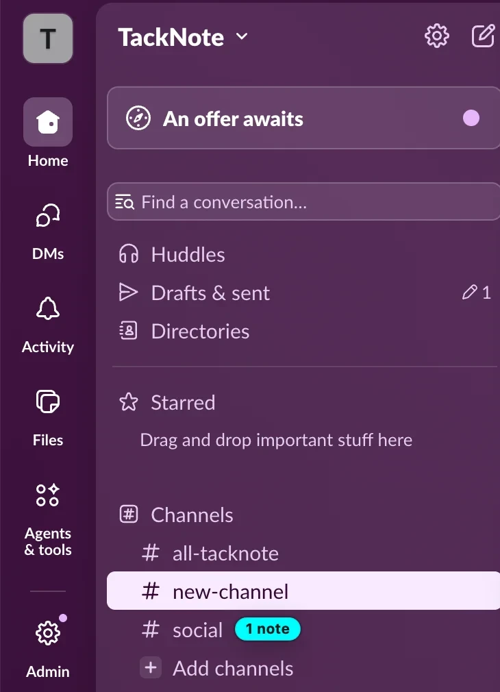 Slack's sidebar with a 1 note tag next to the social channel