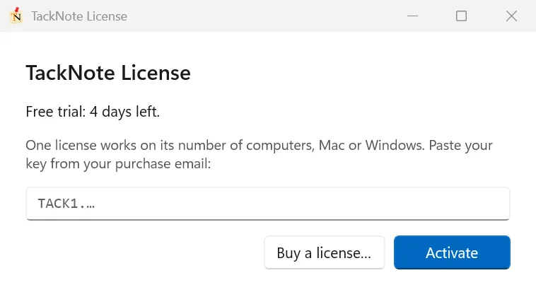 The TackNote License window showing a free trial with 4 days left, the key field, Buy a license and Activate