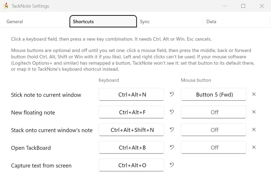 TackNote Settings on the Shortcuts tab, with five actions and their Keyboard and Mouse button fields