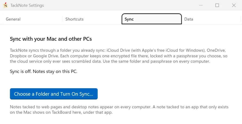 TackNote Settings on the Sync tab, with sync off and the Choose a Folder and Turn On Sync button