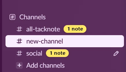 Slack's channel list on Windows with a 1 note tag after two channels
